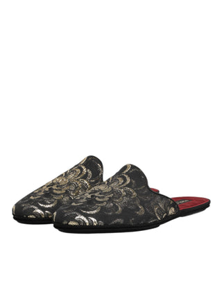 Dolce & Gabbana Black Floral Jacquard Slides Slippers Shoes