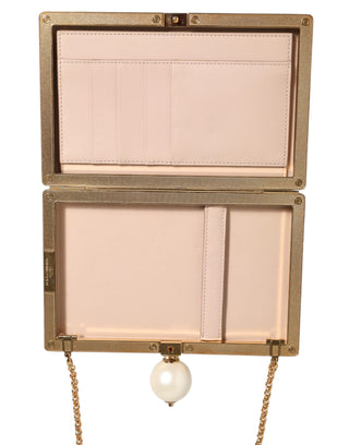 Dolce & Gabbana White Rose Embroidery Silk Gold Frame Clutch Purse Bag