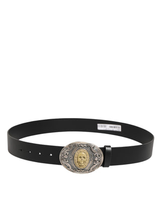 Dolce & Gabbana Black Leather Ornate Metal Buckle Men Belt