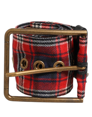 Dolce & Gabbana Red Plaid Fabric Logo Plate Brass Buckle Belt