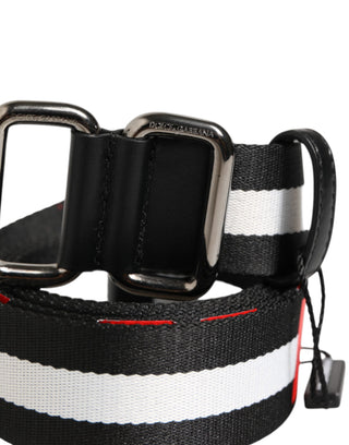 Dolce & Gabbana Black White Striped Logo Metal Buckle Belt
