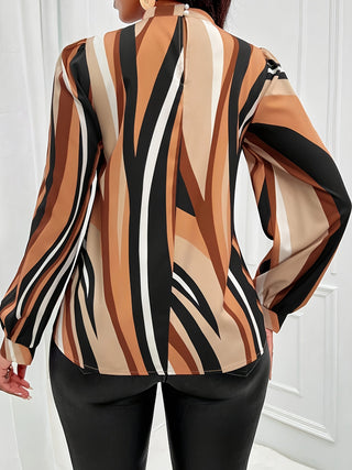 Striped Mock Neck Blouse Elegant Puff Sleeve Spring Autumn Women's Clothing 