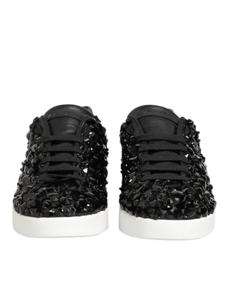 Dolce & Gabbana Black Leather Crystal Low Top Sneaker Shoes