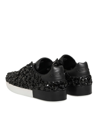 Dolce & Gabbana Black Leather Crystal Low Top Sneaker Shoes