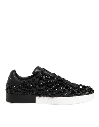 Dolce & Gabbana Black Leather Crystal Low Top Sneaker Shoes