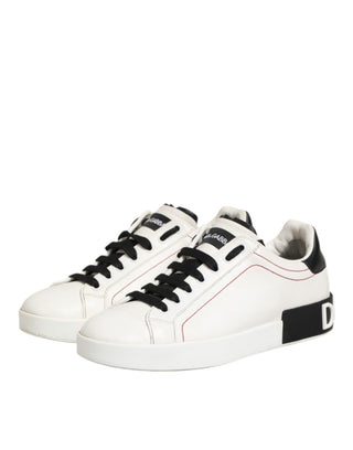 Dolce & Gabbana White Black Leather Low Top Sneaker Shoes