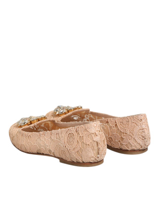 Dolce & Gabbana Beige Taormina Lace Crystals Flats Shoes