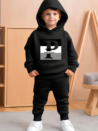 Boys' Hooded Sweatshirt and Jogger Set, Plain Knitted Polyester Letter Print, Regular Fit, Spring/Autumn Set, Outdoor 