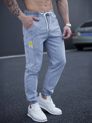 Men's Casual Tapered Jeans, Street Style Drawstring Waist Stylish Joggers 