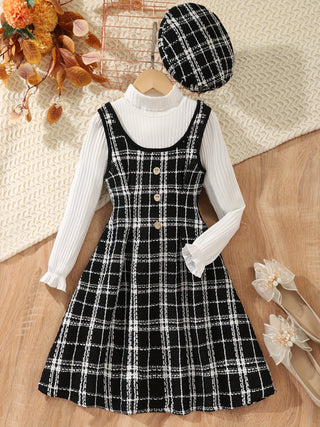 3Pcs Girls Knitted Tweed Dress Set with Mock Neck Blouse + A-Line Dress with Suspenders and Hat, Casual Clothes for Spring Autumn Outfits, Gift 