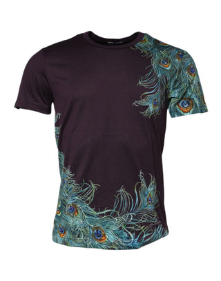 Dolce & Gabbana Violet Peacock Feather Men Crew Neck T-Shirt