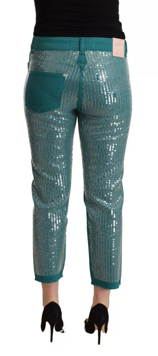 Blumarine Cadet Blue Sequined Low Waist Cropped Trouser Pants