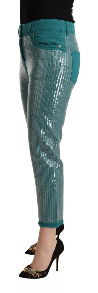 Blumarine Cadet Blue Sequined Low Waist Cropped Trouser Pants