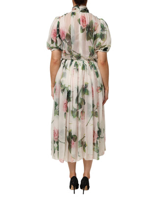 Dolce & Gabbana White Floral Print Silk Pleated Midi Dress