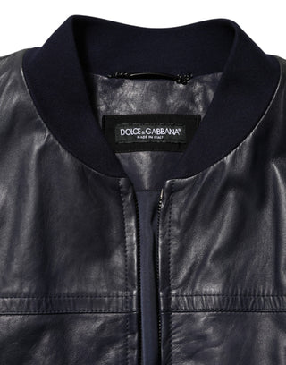 Dolce & Gabbana Blue Leather Full Zip Biker Blouson Jacket
