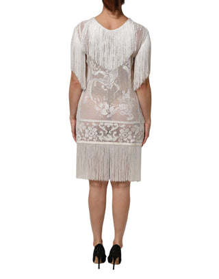 Dolce & Gabbana White Floral Lace Fringe Knee Length Dress
