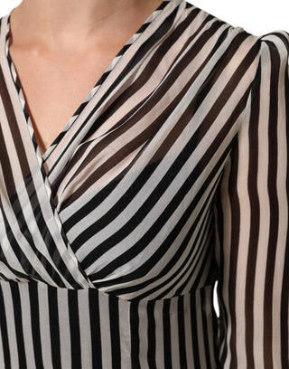 Dolce & Gabbana Black White Stripes Silk V-neck Midi Dress