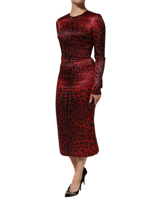 Dolce & Gabbana Red Leopard Sheath Long Sleeves Dress