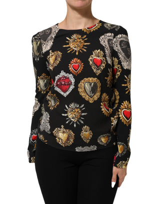 Dolce & Gabbana Black Sacred Heart Print Long Sleeves Top