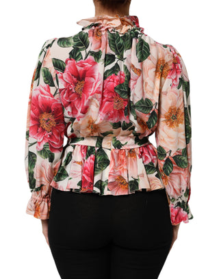 Dolce & Gabbana Pink Floral Printed Silk Ruffled Blouse Top