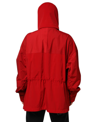 Dolce & Gabbana Red Nylon Hooded Men Full Zip Parka Jacket