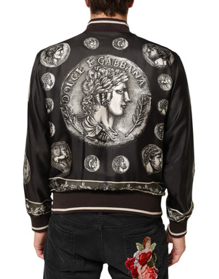 Dolce & Gabbana Black "Monete" Coin Print Silk Bomber Jacket