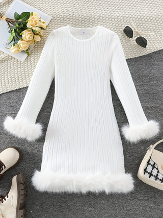 Elegant and stylish little girls faux fur long sleeve ribbed hem dress for spring and autumn outdoor 