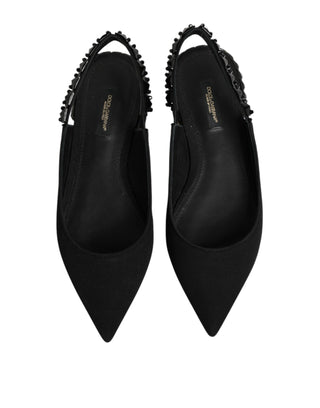 Dolce & Gabbana Black Crystal Charmeuse Slingback Shoes