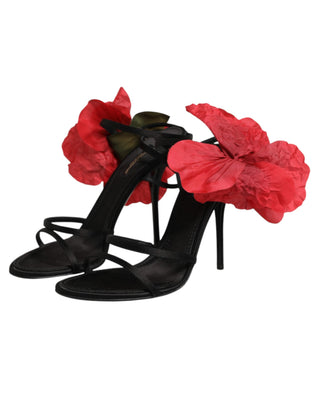 Dolce & Gabbana Black Leather Strappy Flower Heels Sandals  Shoes