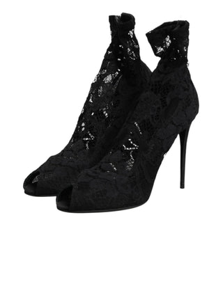 Dolce & Gabbana Black Stretch Taormina Lace Boots Shoes