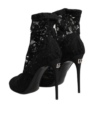 Dolce & Gabbana Black Stretch Taormina Lace Boots Shoes