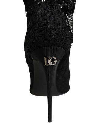 Dolce & Gabbana Black Stretch Taormina Lace Boots Shoes