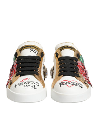 Dolce & Gabbana White Leather Floral Studded Sneakers Shoes