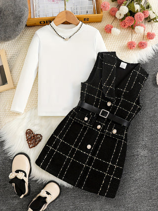 1 Set, Girls Summer Elegant Tweed Dress + Long Sleeve Sweater - Comfortable Fit and Casual Style - Spring Autumn Clothes, Gift 