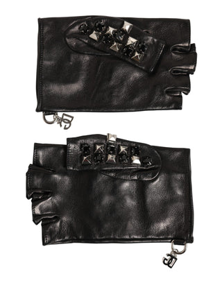 Dolce & Gabbana Black Leather Studded Fingerless Hand Mitten Men Gloves