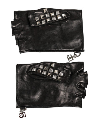 Dolce & Gabbana Black Leather Studded Fingerless Hand Mitten Men Gloves