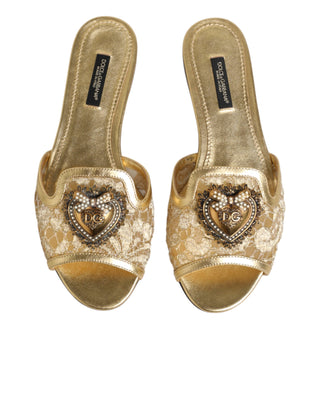 Dolce & Gabbana Gold Devotion Lace Flats Slip On Sandals Shoes