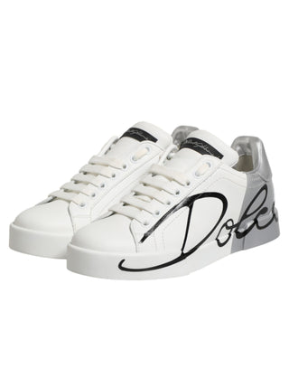Dolce & Gabbana White Gray Low Top Leather Sneaker Shoes