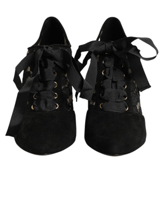 Dolce & Gabbana Black Floral High Heels LACE-UPS Pumps Shoes