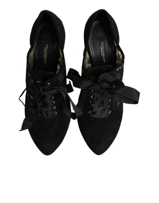 Dolce & Gabbana Black Floral High Heels LACE-UPS Pumps Shoes