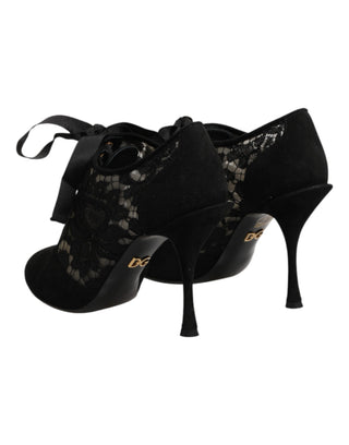Dolce & Gabbana Black Floral High Heels LACE-UPS Pumps Shoes