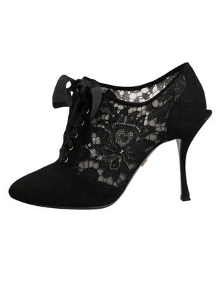 Dolce & Gabbana Black Floral High Heels LACE-UPS Pumps Shoes