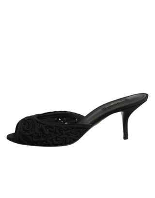 Dolce & Gabbana Black Embroidered Slip On Heels Slides Shoes