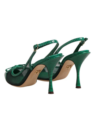 Dolce & Gabbana Green Leather Mesh Heels Slingback  Shoes