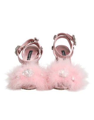 Dolce & Gabbana Pink Crystal Fur Embellished Sandals Shoes