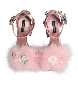 Dolce & Gabbana Pink Crystal Fur Embellished Sandals Shoes