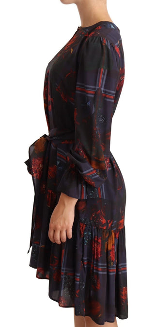 Ballantyne A-line Navy Blue Floral Silk Long Sleeve Knee Length Dress