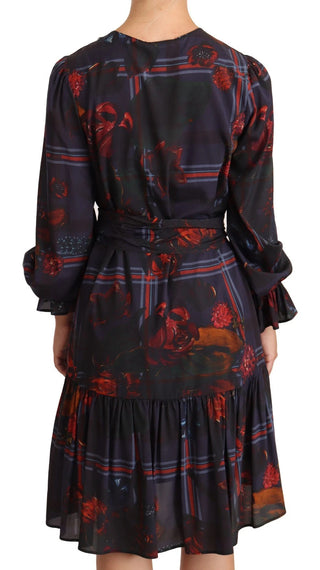 Ballantyne A-line Navy Blue Floral Silk Long Sleeve Knee Length Dress