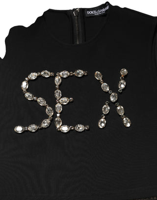 Dolce & Gabbana Black Jersey Lace Ruching Rhinestone Tank Top
