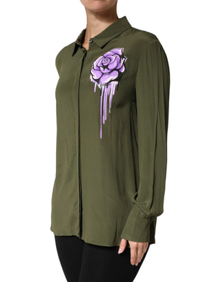 Boutique Moschino Top Green Acetate Collared Long Sleeves Floral Top